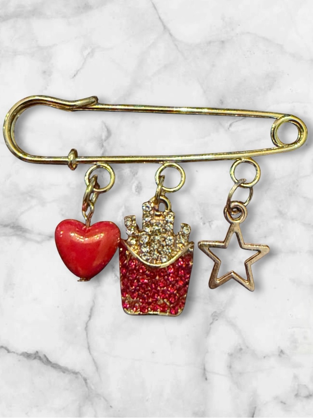 Gold-Tone Red Heart & Fries Charm Brooch Pin
